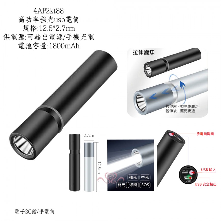 高功率強光USB電筒